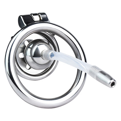 Flat Chastity Cage with Solid Metal Negative Ball and Catheter, F3192