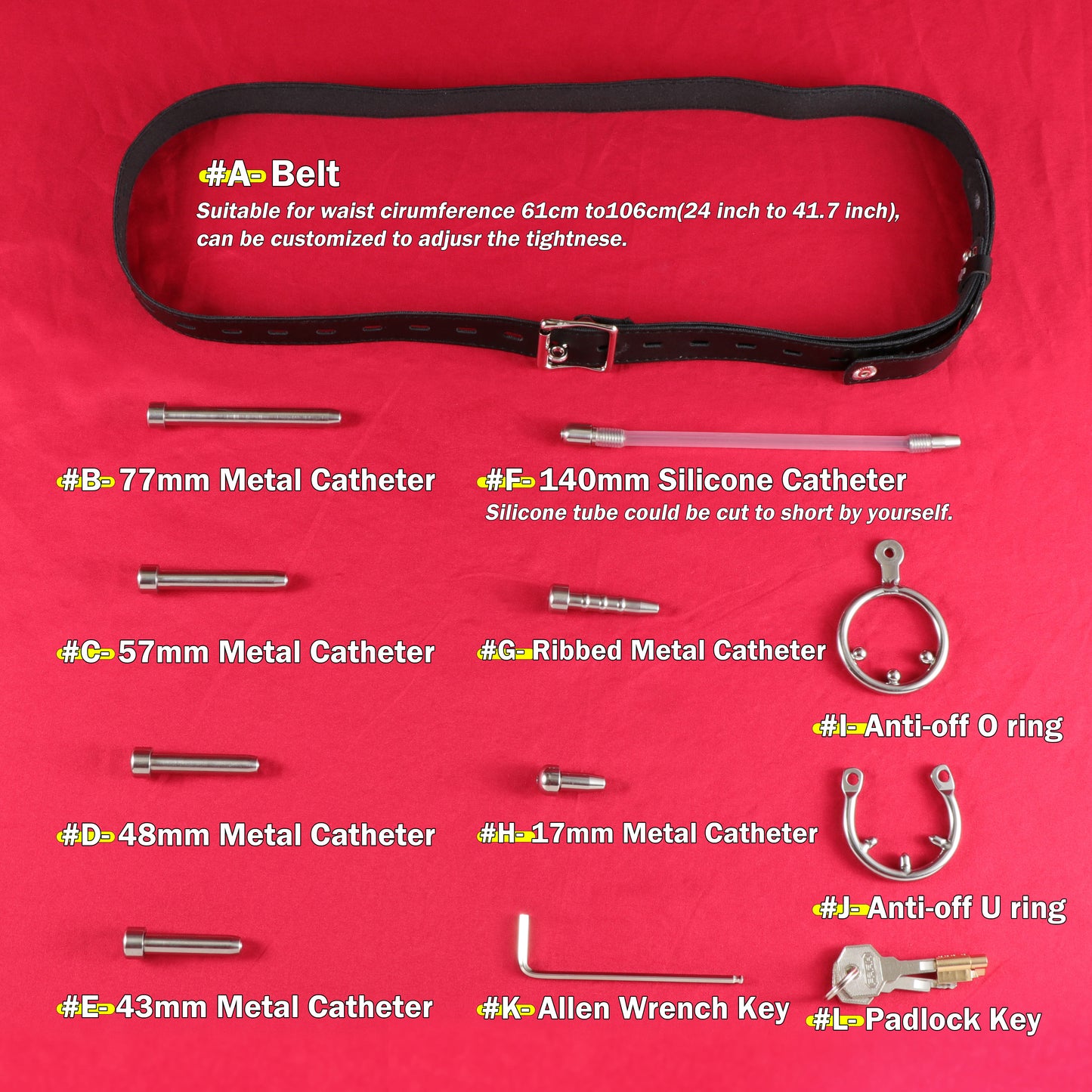 Série d'accessoires - Cathéters urétraux, ceinture, anneau anti-décrochage, clé pour cage de chasteté FRRK assortie